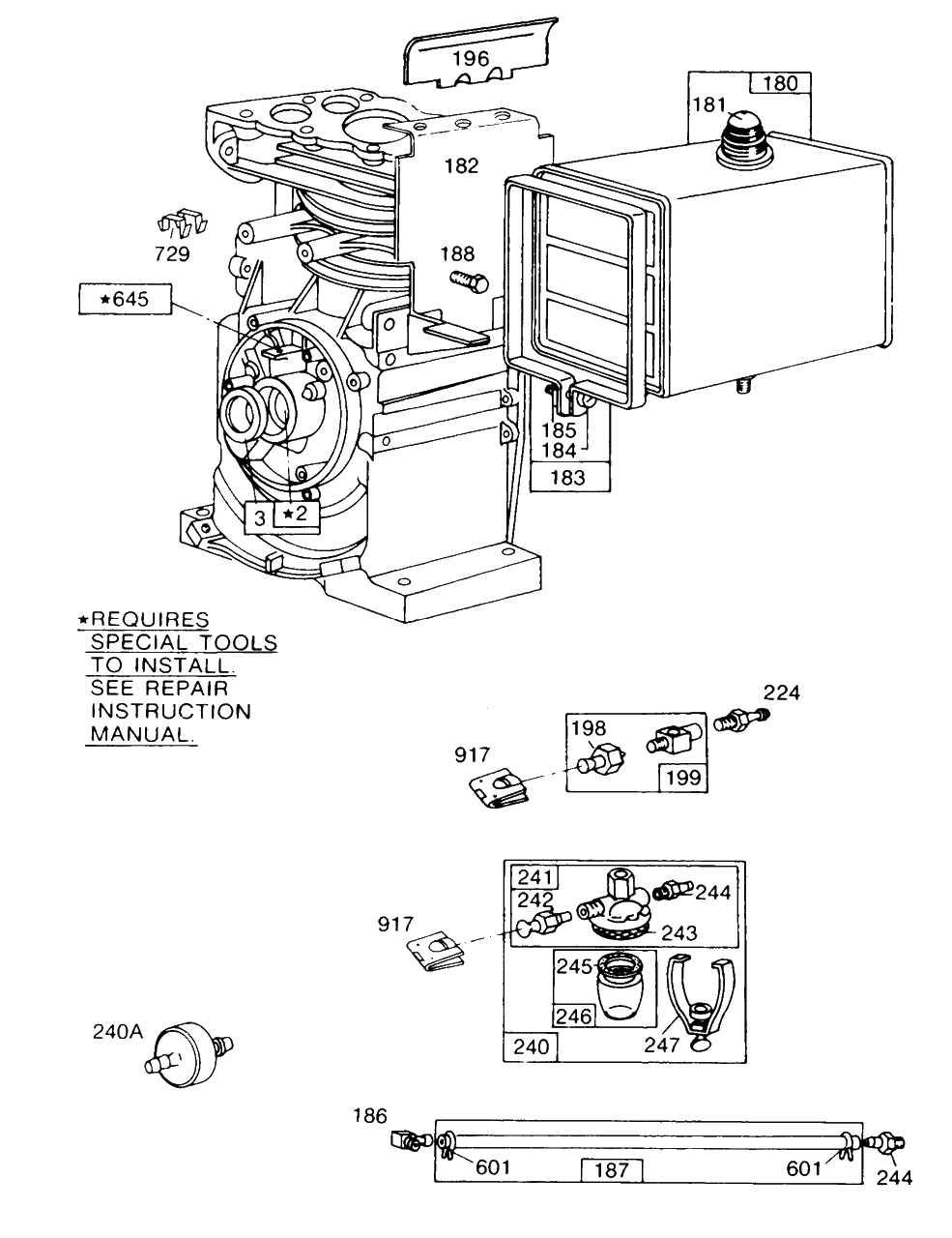 Fuel Tank Assembly Diagram and Parts List for 170401-0610-XX  Briggs and Stratton Engine